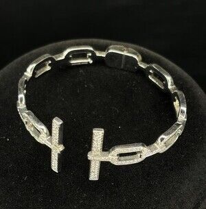 Michael Kors Silver-Tone Pave Link T-Bar Cuff Bangle Bracelet - Sparkling MK